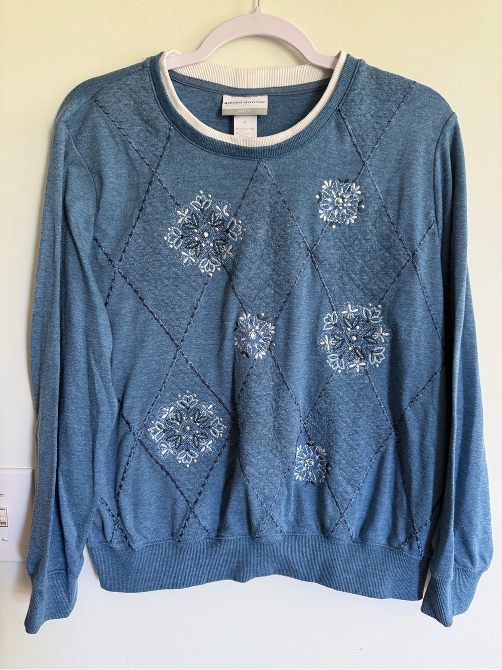 Alfred Dunner Blue Embroidered Diamond-Pattern Women’s Sweater GrannyCore